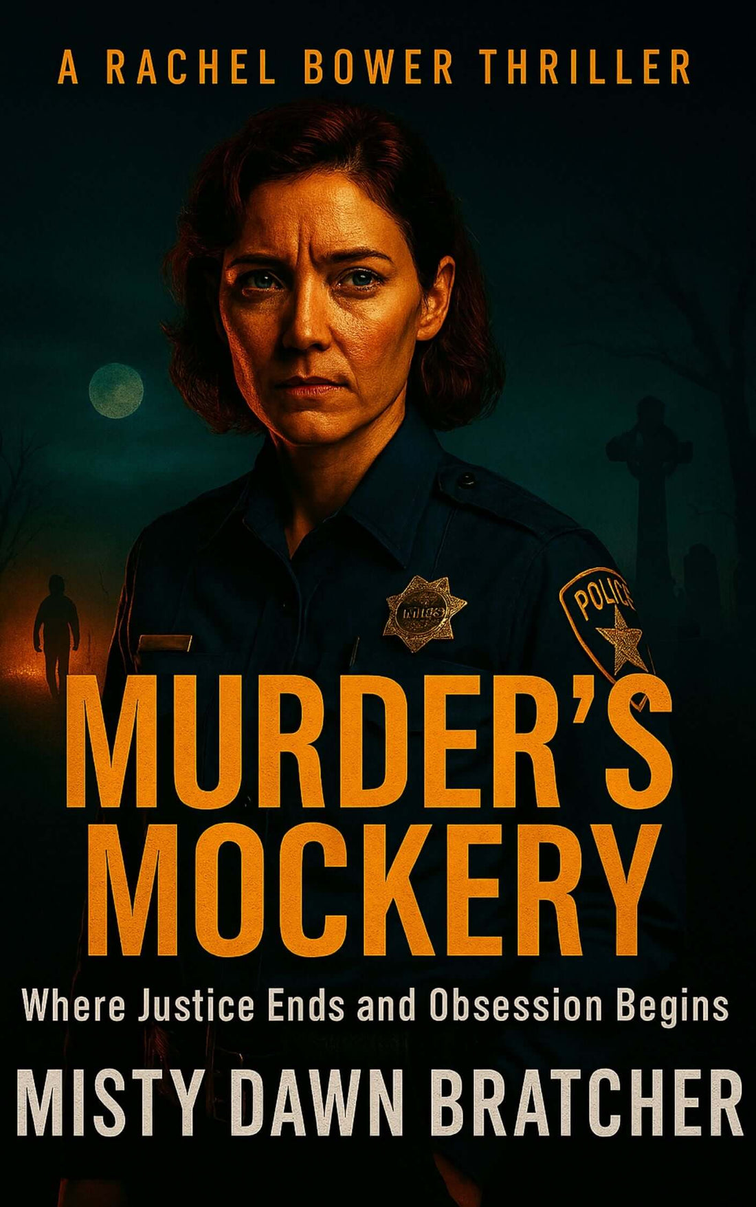 Meet Rachel Bower biography book cover of Murder's Mockery by Misty Dawn Bratcher featuring a serious policewoman.